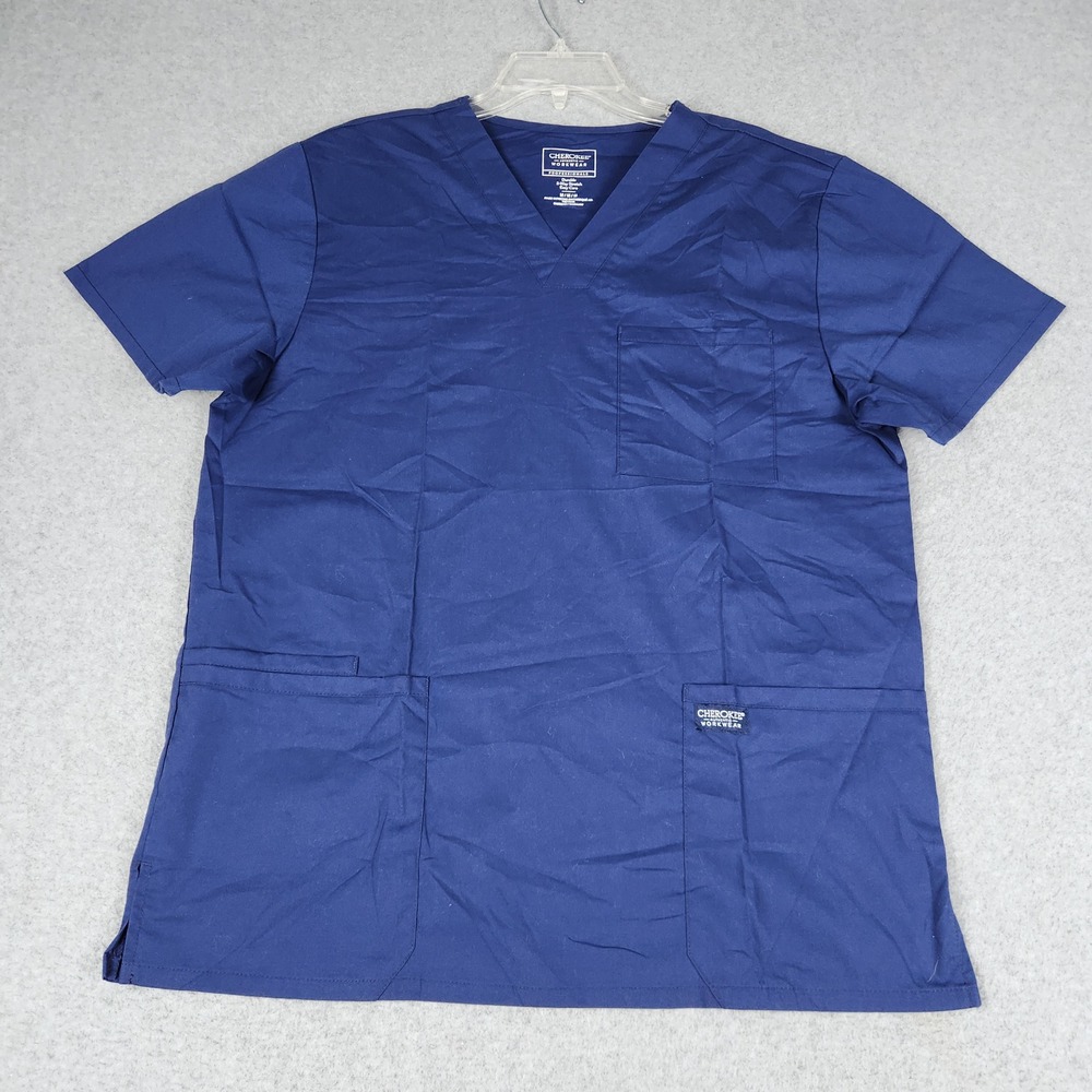 Cherokee Workwear Scrub Top Mens Medium Blue Durable 2-Way Stretch Easy Care